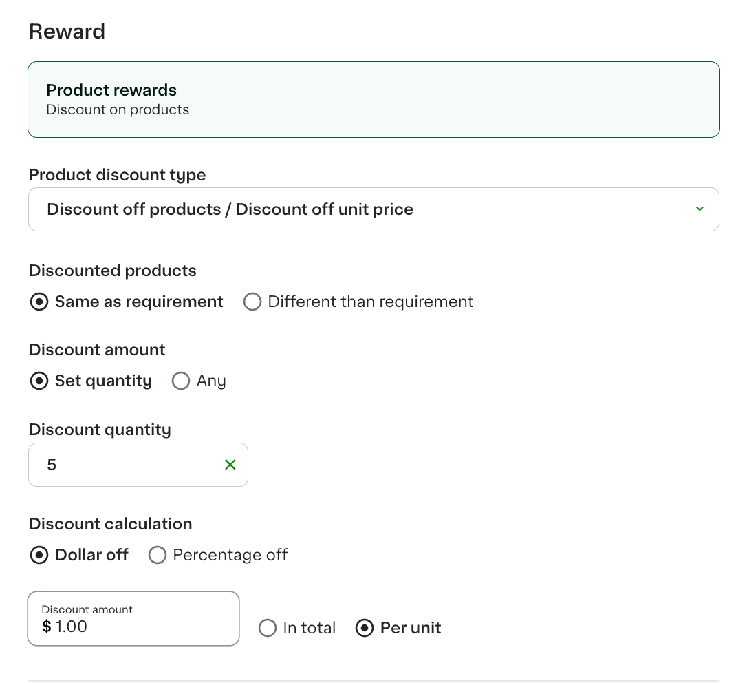 Shows a reward configuration page with options for product rewards. It includes selections for discount type, discounted products, discount amount, discount quantity set to 5, and calculation method set to $1.00 per unit.